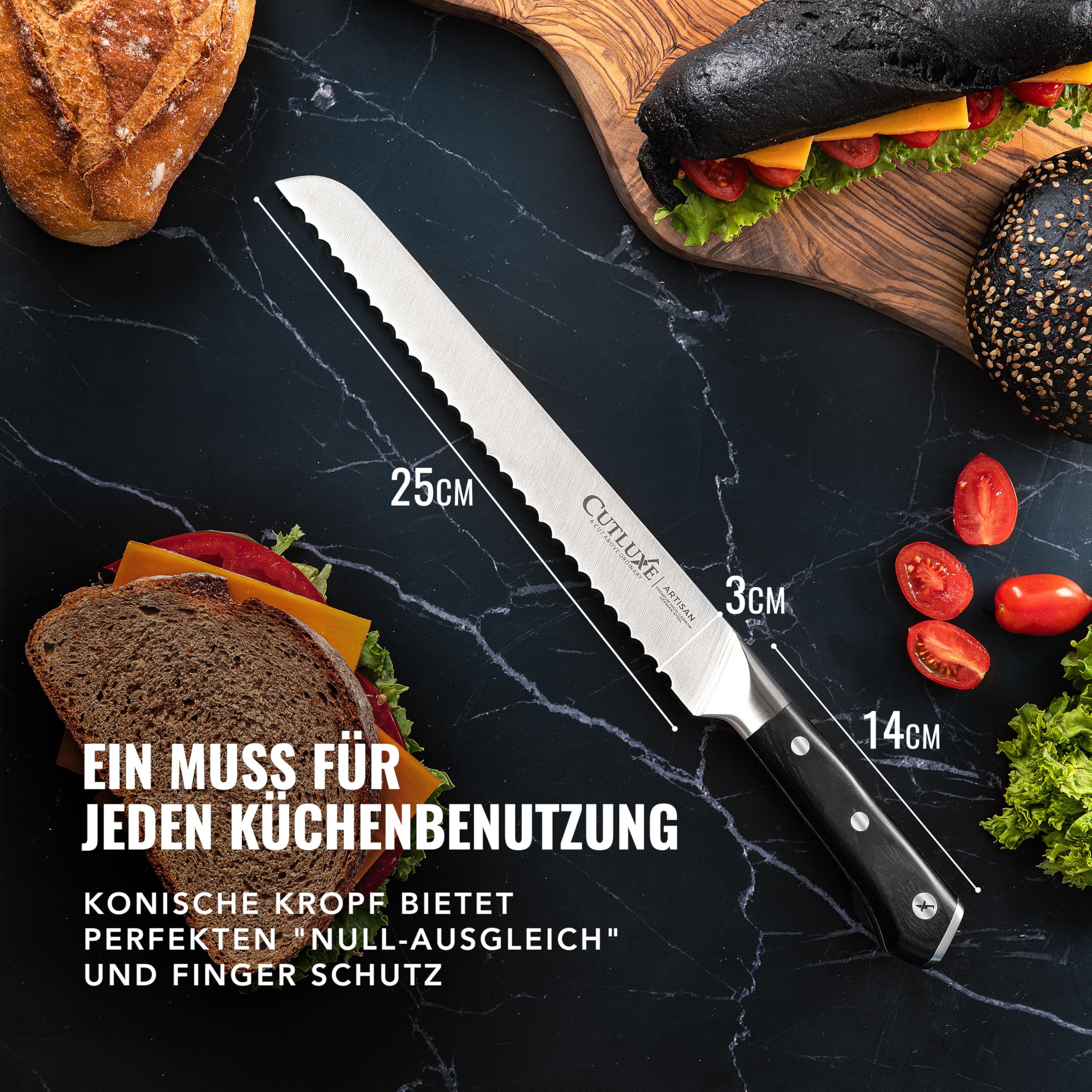 Cutluxe Brotmesser 25cm mit Wellenschliff – Brotschneidemesser Brötchenmesser Küchenmesser Kochmesser – Ergonomisches Design & Extrem Scharf 7