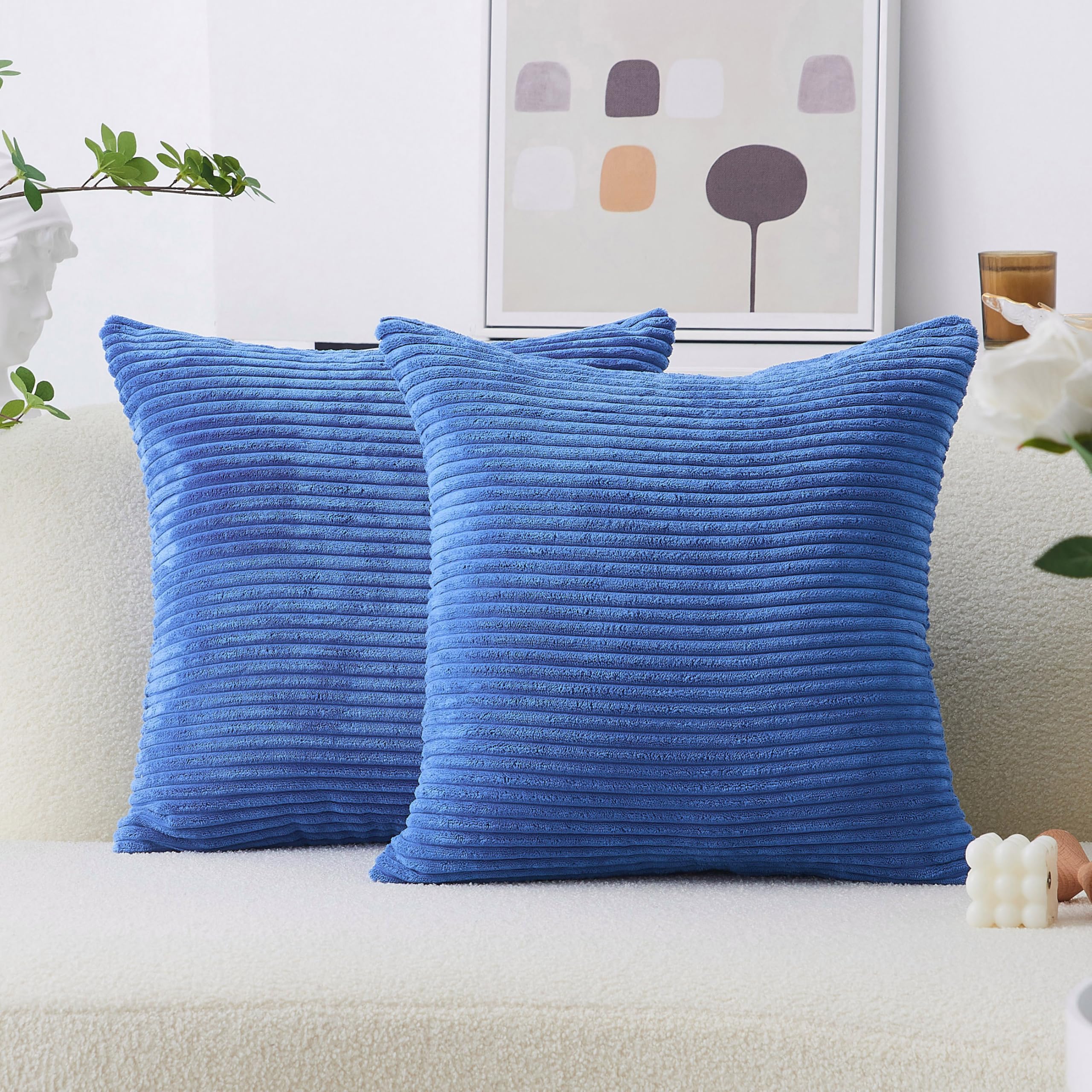 Photo 1 of Home Brilliant Blue Decorative Pillows Large Throw Pillow Cover for Couch Bench 2 Packs Striped Velvet Floor Pillow Covers, 55x55cm, 22 x 22 Inch, Blue