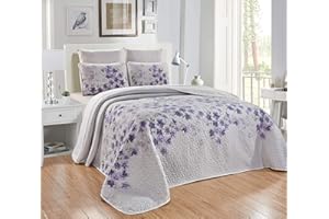 GRANDLINEN 3-Piece Fine Printed Oversize (115" X 95") Quilt Set Reversible Bedspread Coverlet (California) Cal King Size Bed Cover (Purple, Grey, Sage Green, Black Floral)