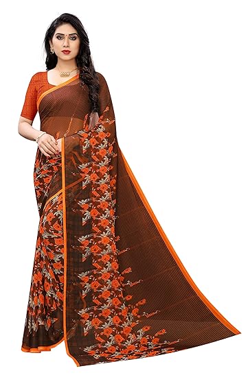 KSH Trendz Soft Georgette Crepe Blend Saree With Blouse Ideal For Women & Girls (25 DESIGNS AND PRINTS) (Brown Red)