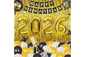 ZMENCY Happy New Year Decorations 2026 - Black and Gold Balloon Decoration, Foil Curtain Backdrop for Eve Party Supplies (Happy 2026)