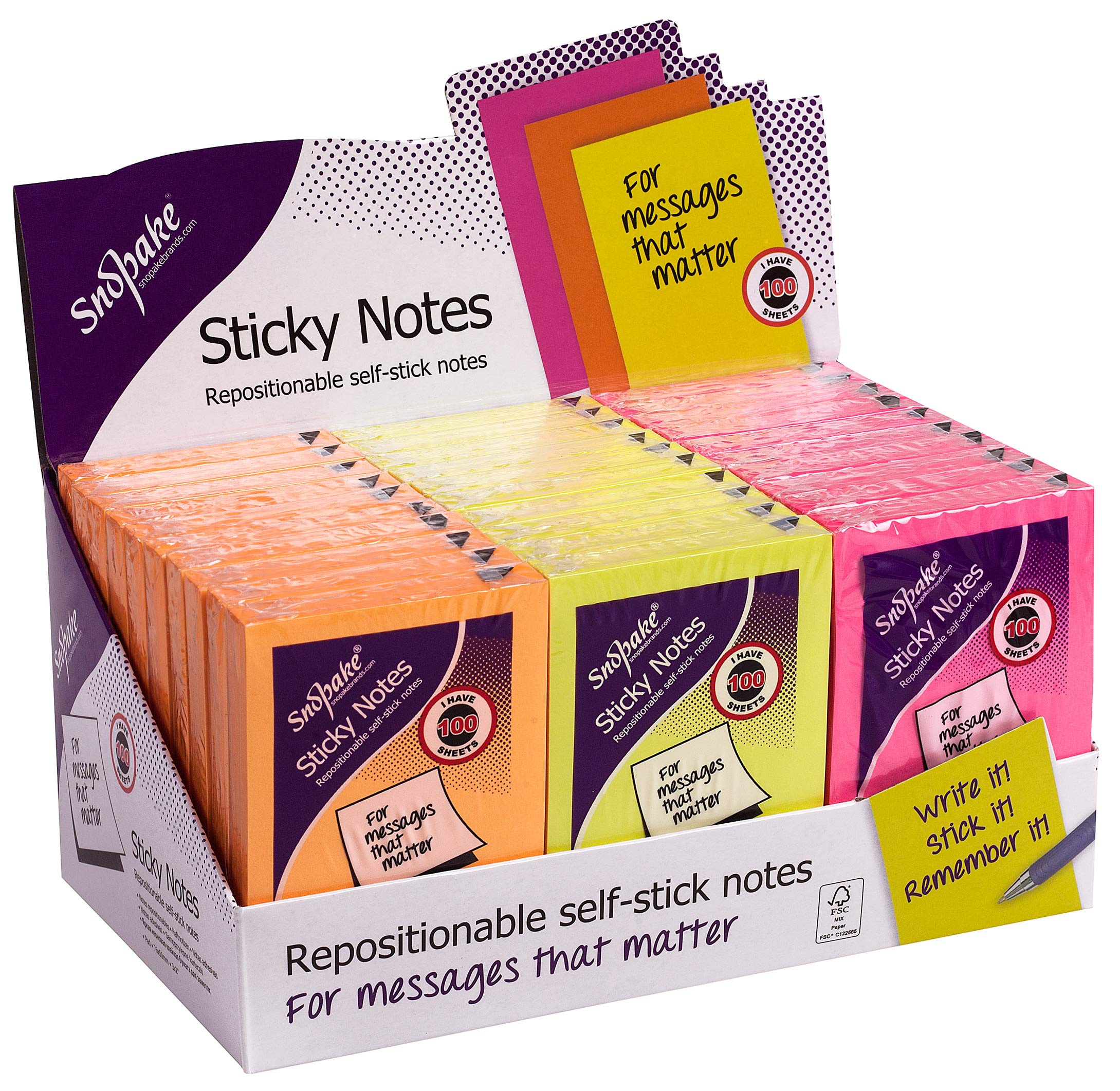Snopake 76x50mm Sticky Notes - Neon Assorted [Pack of 30, 100 Sheets Per Pad] Ref: 14007