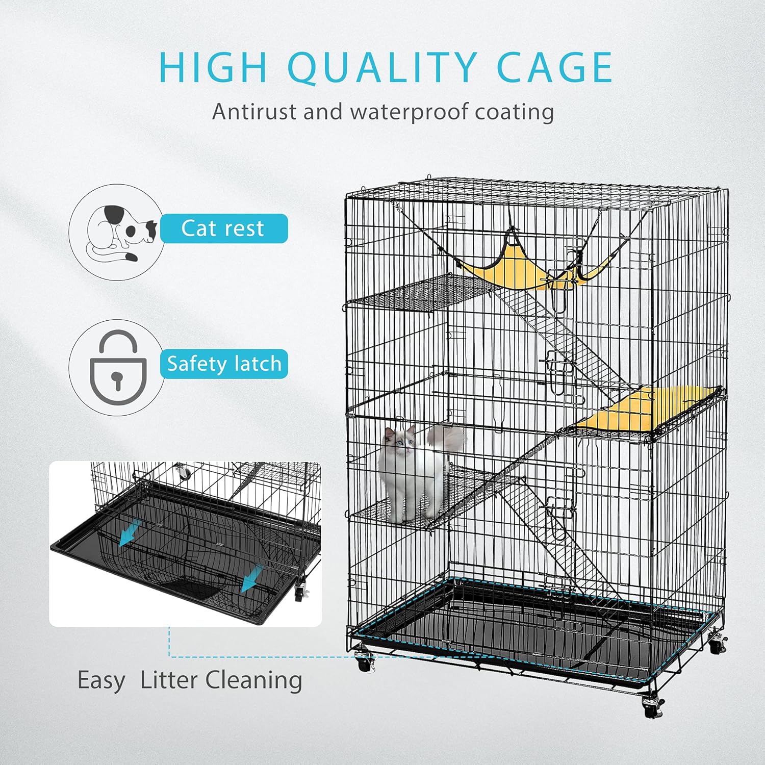 VIVOHOME 4-Tier 49 Inch Collapsible Metal Cat Kitten Ferret Cage 360° Rotating Casters Enclosure Pet Playpen with Ramp Ladders Hammock and Bed: Kitchen & Dining
