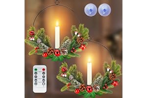 NOMFIX 2Pack Christmas Wreaths for Front Door with Timer & Flickering LED Taper Candles & Remote, 16'' Windows Wreaths, Fireplace Christmas Decorations