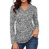 LOMON Women's Casual Shirred V Neck Tops Smocked Long Sleeve Shirts for Women Fall Loose Pleated Tunic Blouses