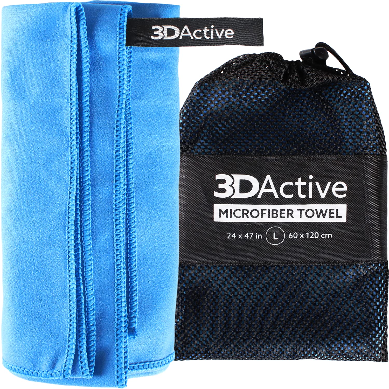 3DActive Microfiber Towel for Gym, Sports & Travel. Ultra Absorbent, Quick Drying, Lightweight, Compact with Carry Bag, Perfect for Workouts, Beach & Outdoors - Large 24" x 47" - Blue