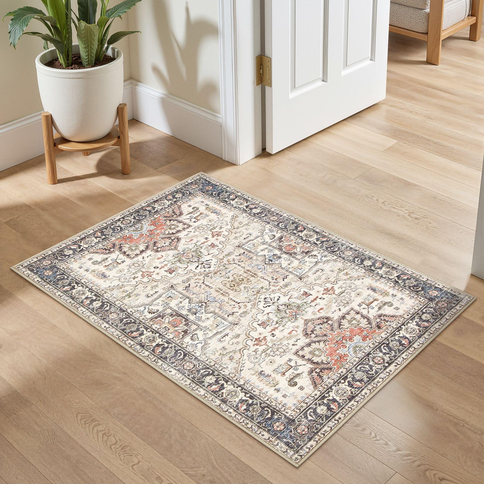 Photo 1 of homewill 2x3 Washable Entryway Rug: Non-Slip Soft Small Indoor Area Rug for Bedroom Kitchen, Low Pile Stain-Resistant Durable Vintage Floral Carpet for Porch Laundry Kids Room Home Decor (Multi)