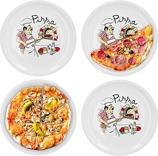 Van Well 4er Set Pizzateller groß Ø 29.5 cm mit Küchenchef-Motiv Gastro-Zubehör Pizza-Bäckerei stabiles Porzellan-Geschirr Grill-Teller Servier-Platte Antipasti
