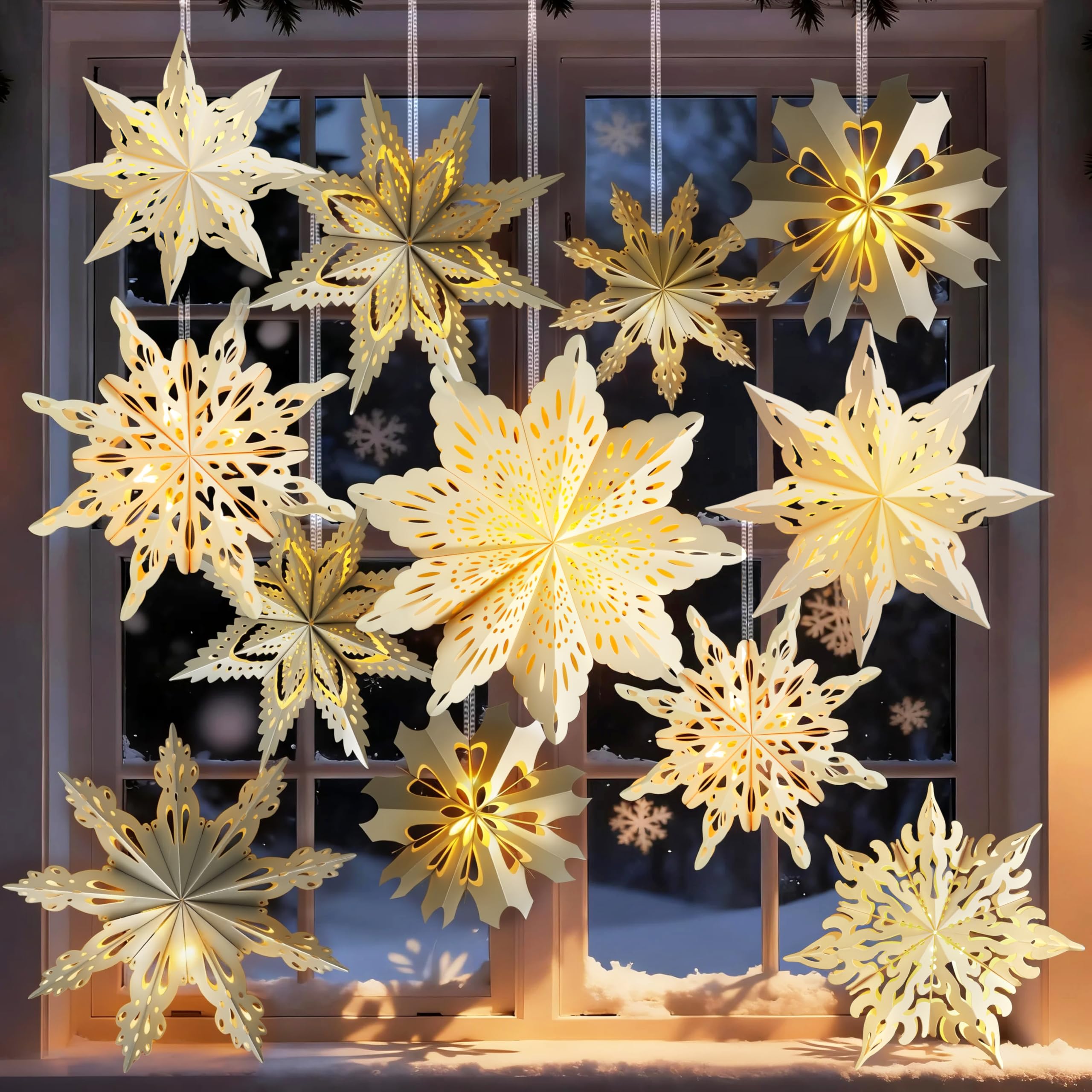 Photo 1 of 12 Pcs Christmas Paper Snowflake Lanterns, 3D Christmas Paper Star Lanterns with LED Lights, 10/12 Inch White Silver Hanging Snowflake Lamps for Xmas Winter Frozen Weddings New Year Party Decorations