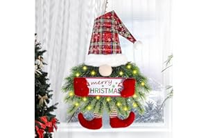 Sggvecsy Christmas Gnome Wreath with Lights Santa Gnome Christmas Hanging Sign Front Door Decoration Artificial Pine Spruce Wreath Swedish Tomte Wall Decor for Home Xmas Porch Indoor Outdoor