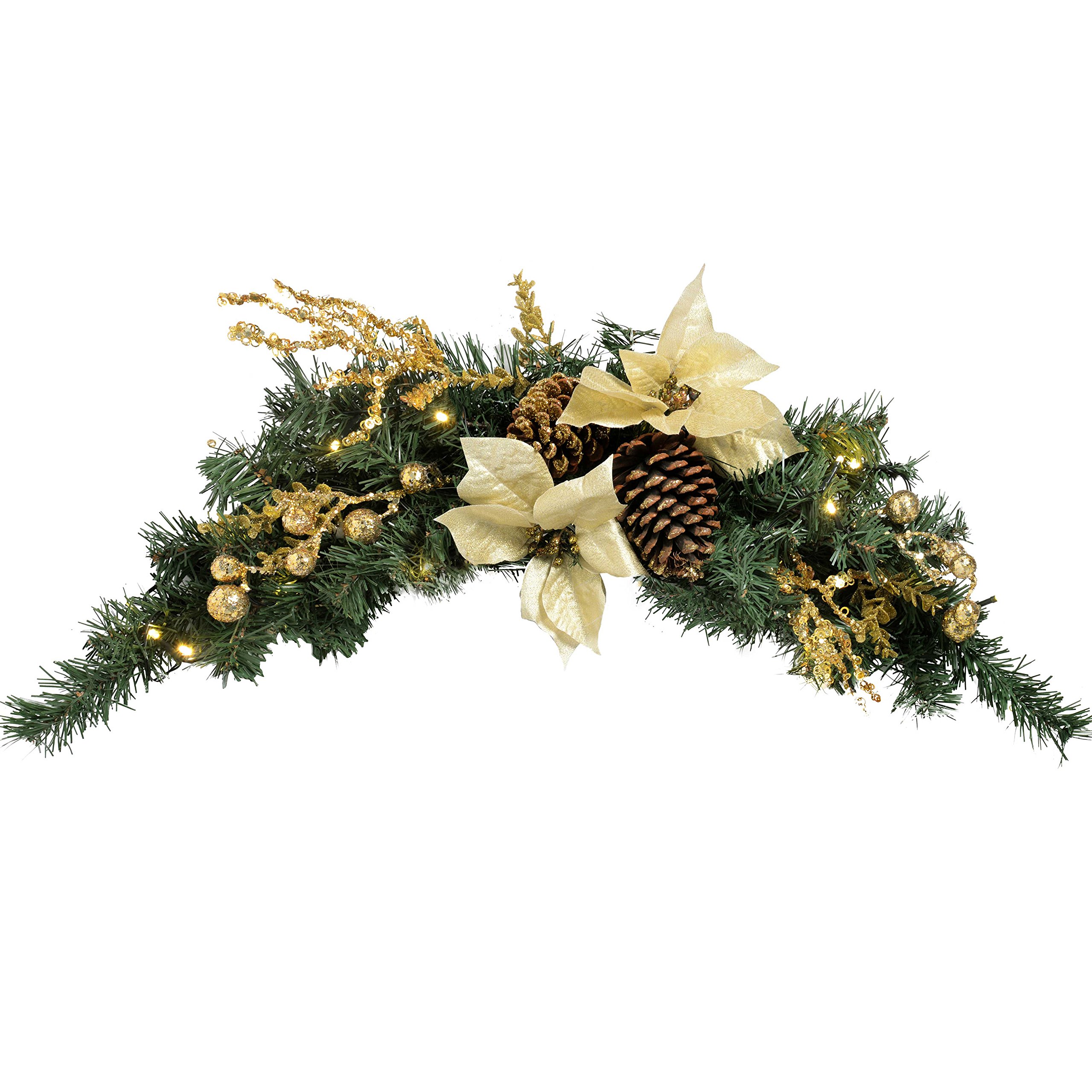 WeRChristmas Pre-Lit Decorated Arch Garland Christmas Decoration Illuminated with 20 Cold White LED Lights, 90 cm - Gold/Cream