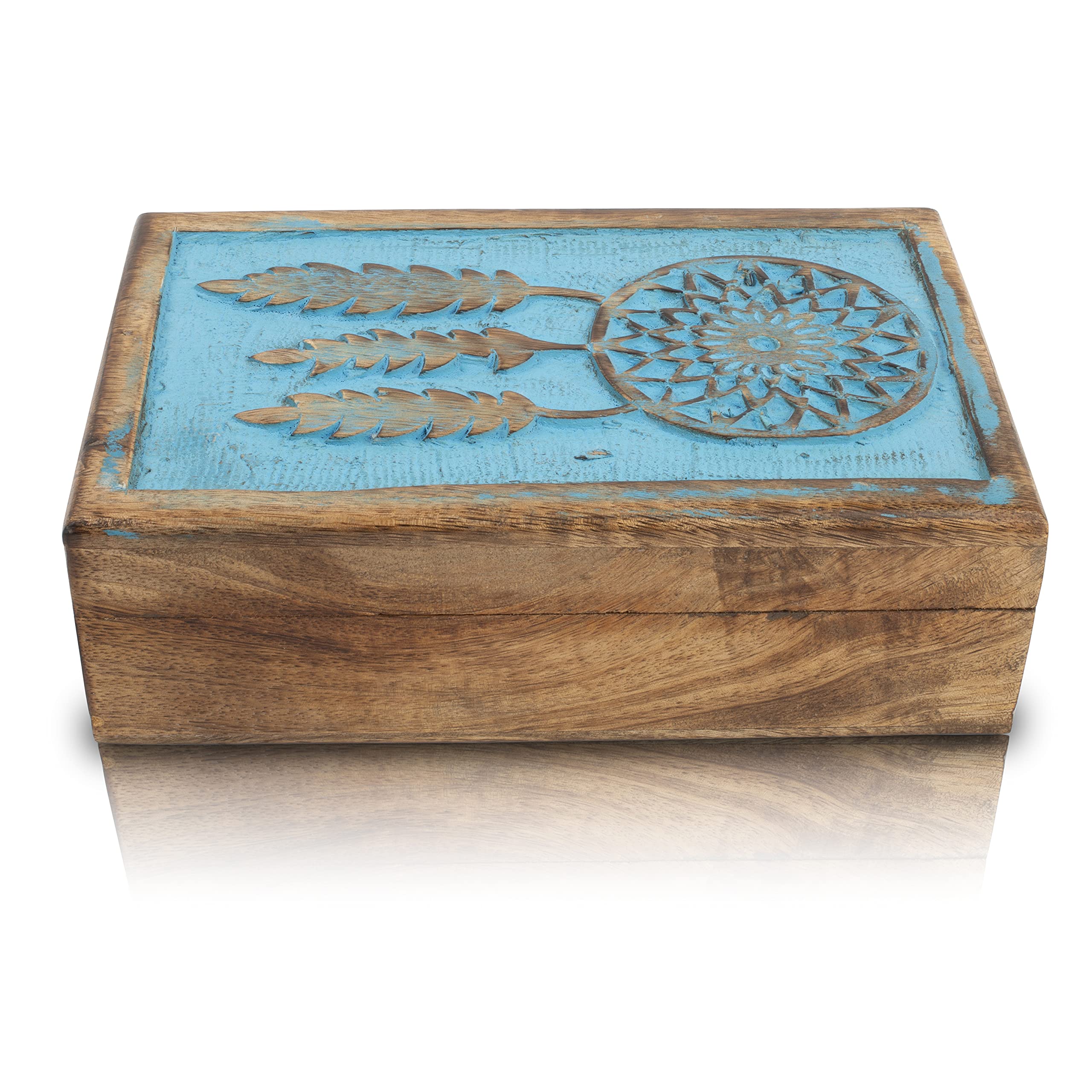 Great Birthday Gift Ideas Handmade Decorative Wooden Dream Catcher Jewelry Keepsake Box Jewelry Organizer Treasure Chest Trinket Holder Watch Storage Box Home Decor (Blue Wash Finish)