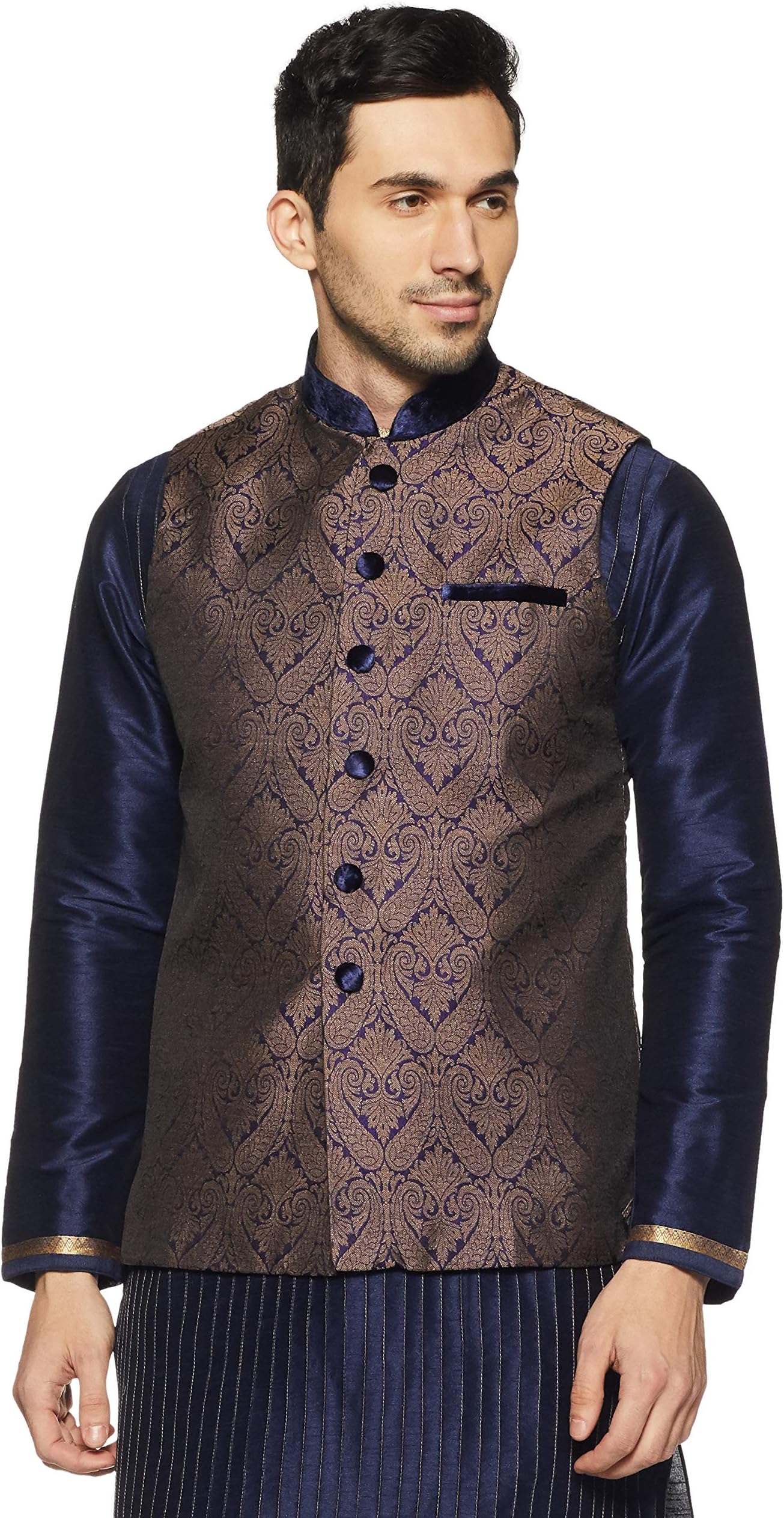 Manyavar Men's Banded Collar Nehru Jacket (J952358)