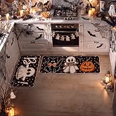 Artoid Mode Black Cats Boo Halloween Kitchen Mats Set of 2-17x29+17x47 | Bats Jack-O'-Lantern Pumpkin Home Decor Low-Profile Kitchen Rugs for Floor
