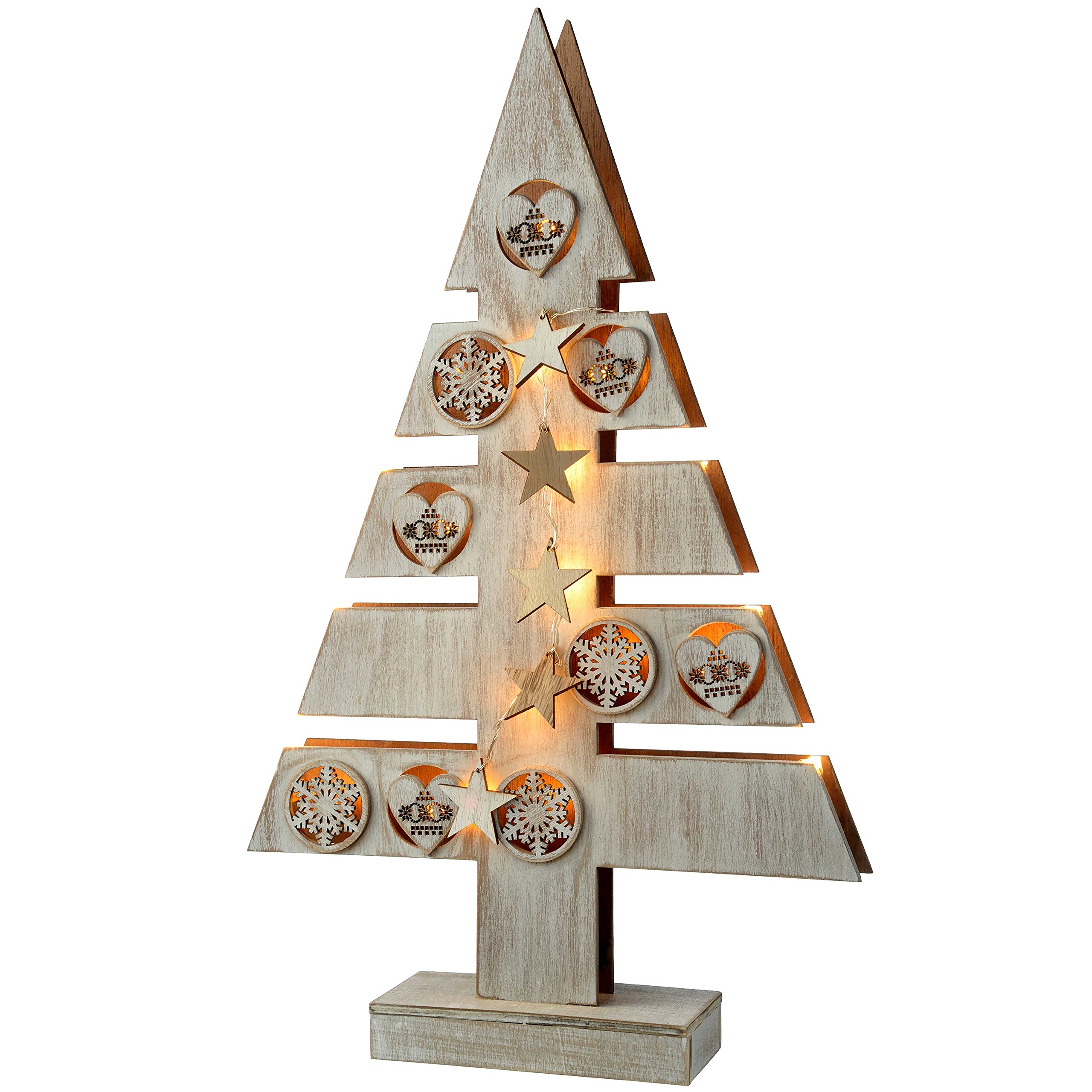 WeRChristmas Pre-Lit Star and Heart Christmas Tree Table Decoration, Wood, 47 cm - White