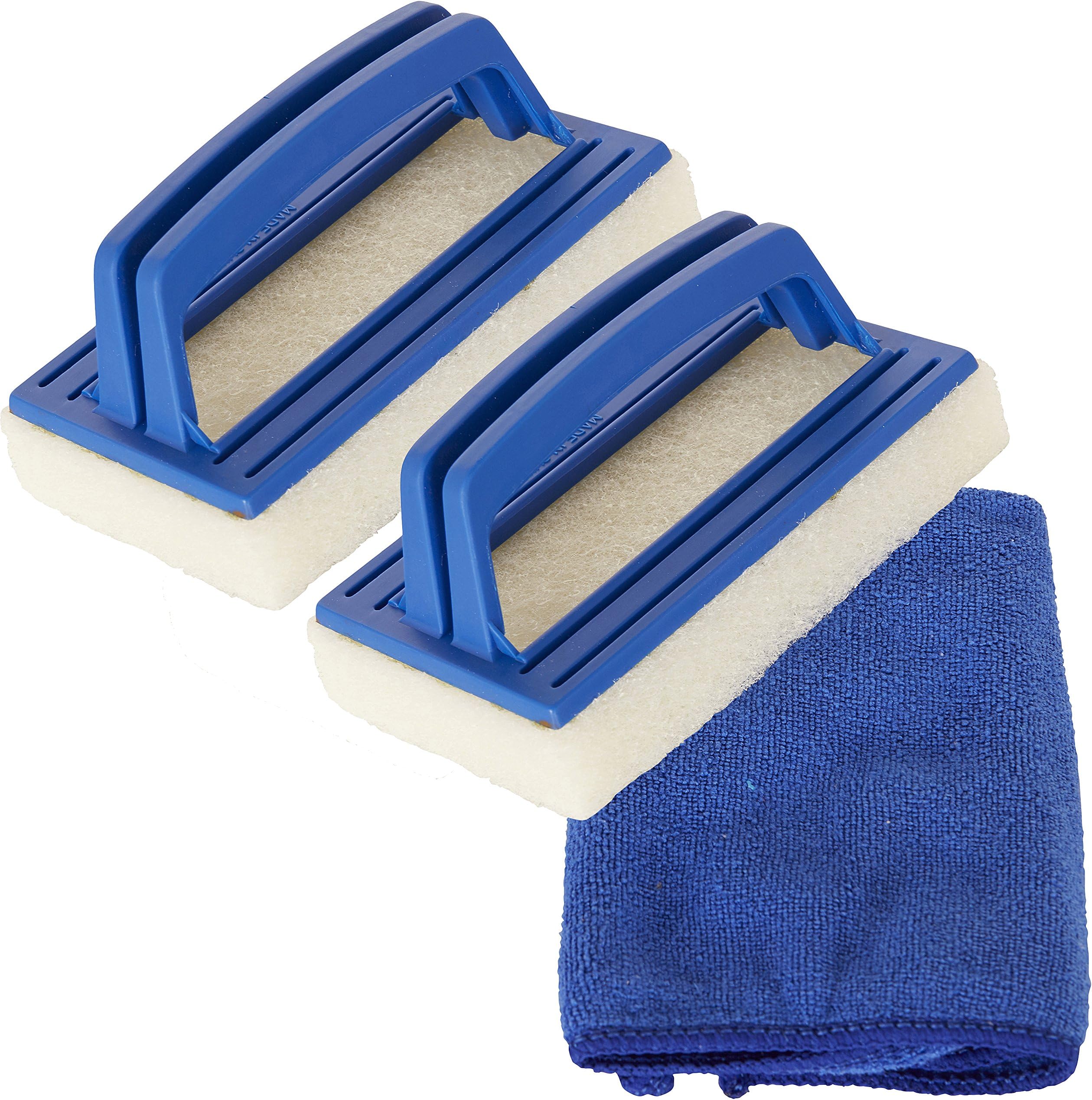 Viridis Products - Two Pack of Hot Tub & Spa Waterline Scrubbing Brush Set - Complete with FREE Microfibre Cleaning Cloth - Easy to Use with Heavy Duty Plastic Handle and Poly Bristle Scrubbing Pad
