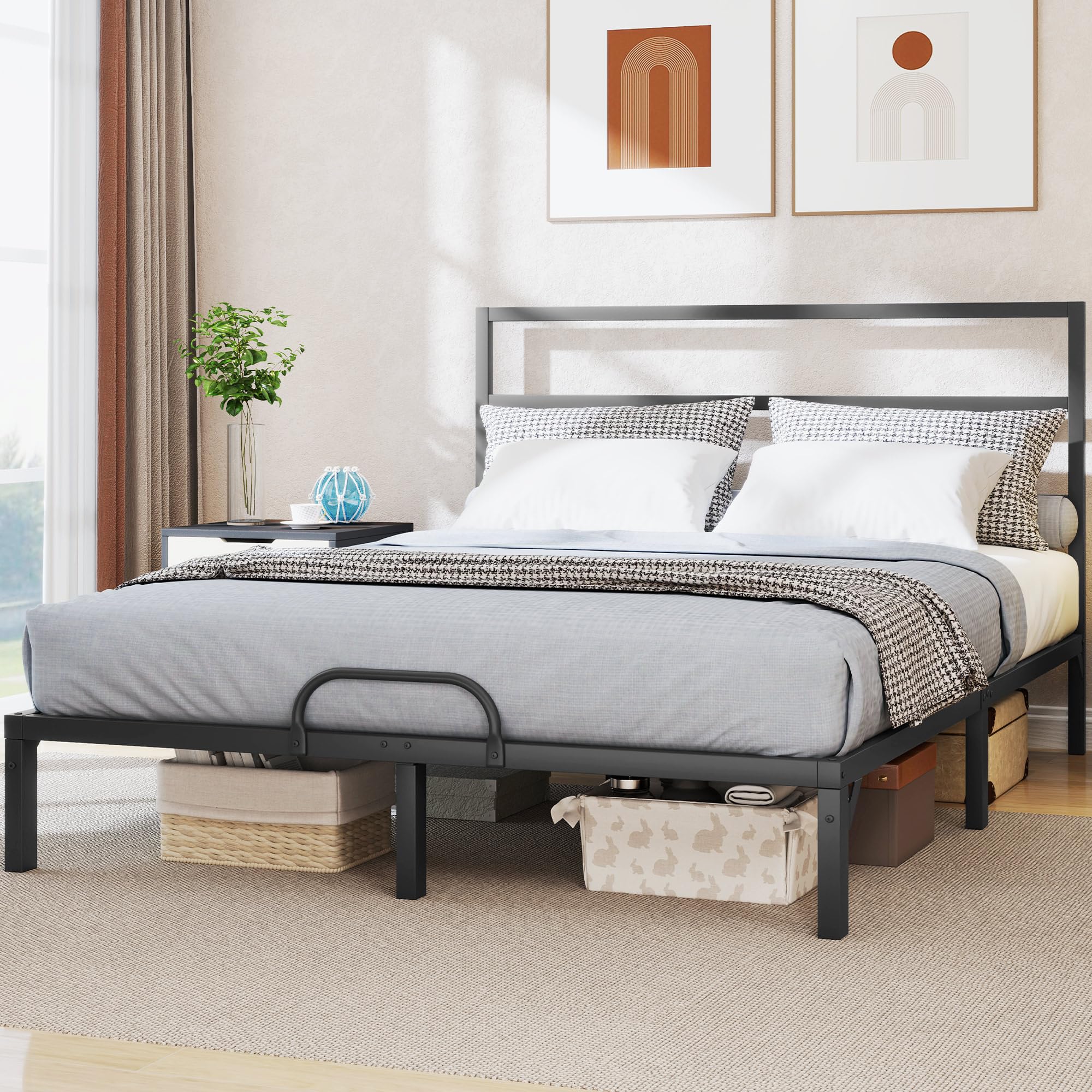 Photo 1 of YITAHOME King Size Bed Frame with Headboard, Heavy-Duty Platform with Strong Metal Slats, No Box Spring Needed, Easy Assembly, Matte & Black