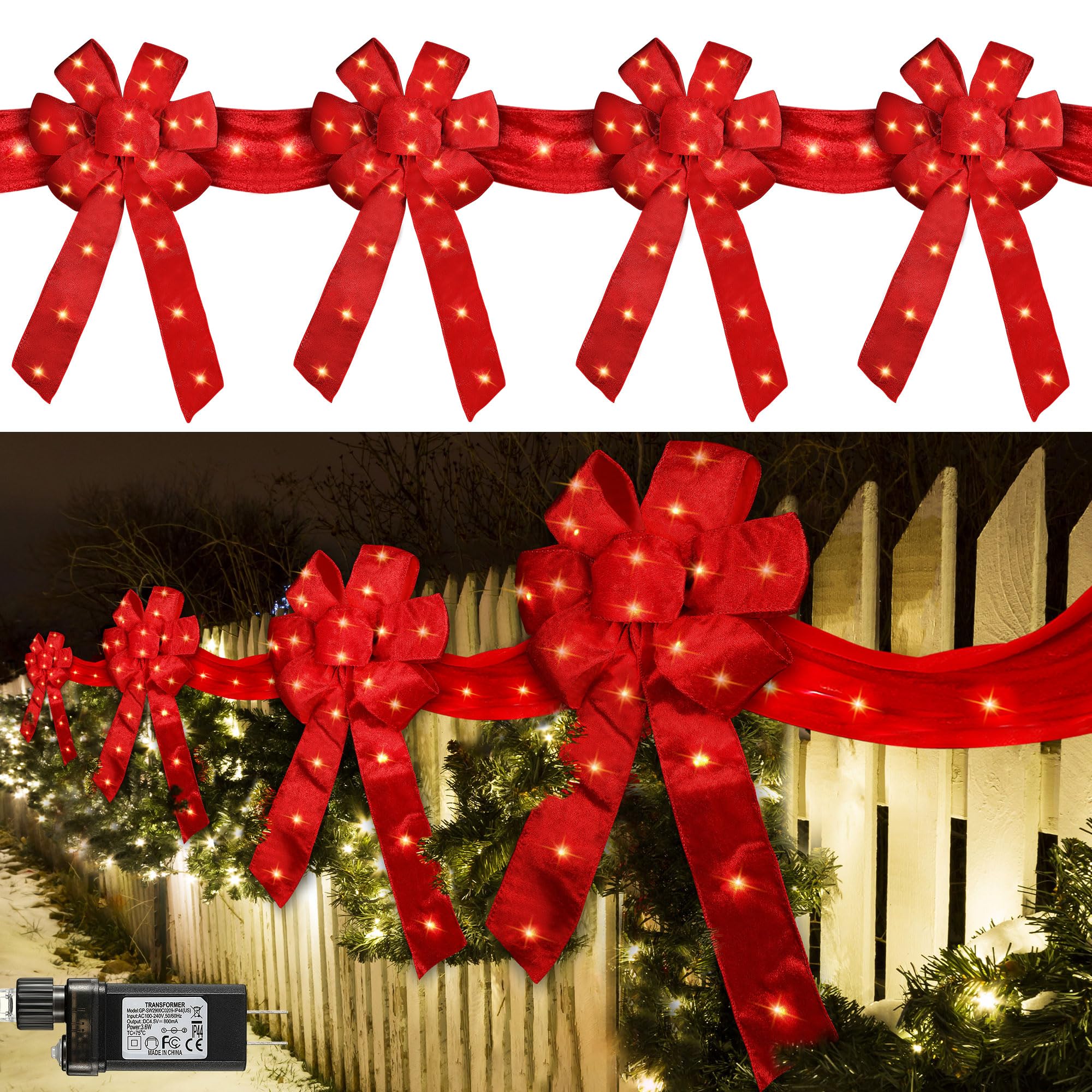 Photo 1 of *MINOR DAMAGE - USED*
Enhon 4 Pack Lighted Christmas Ribbon and Bows Fence Decoration, 13 ft Long 20 x 11'' Large Christmas Bows Garland with 8 Modes and Timing for Eave Stair Outdoor Decor(Red Style)