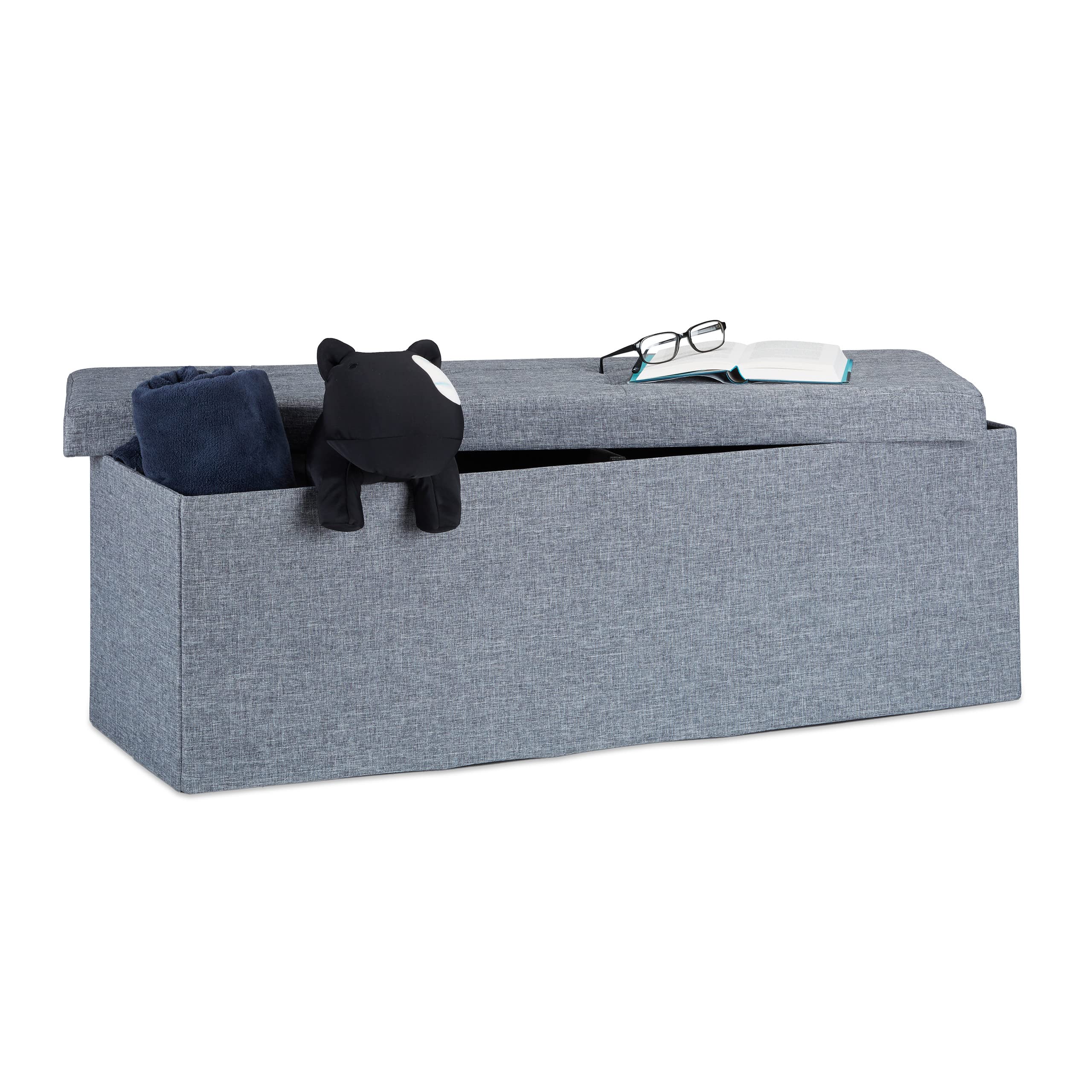 Relaxdays Folding Storage Bench XL, 38 x 114 x 38 cm, Foldable Ottoman Footstool, with Lid, Fabric, Dark Grey