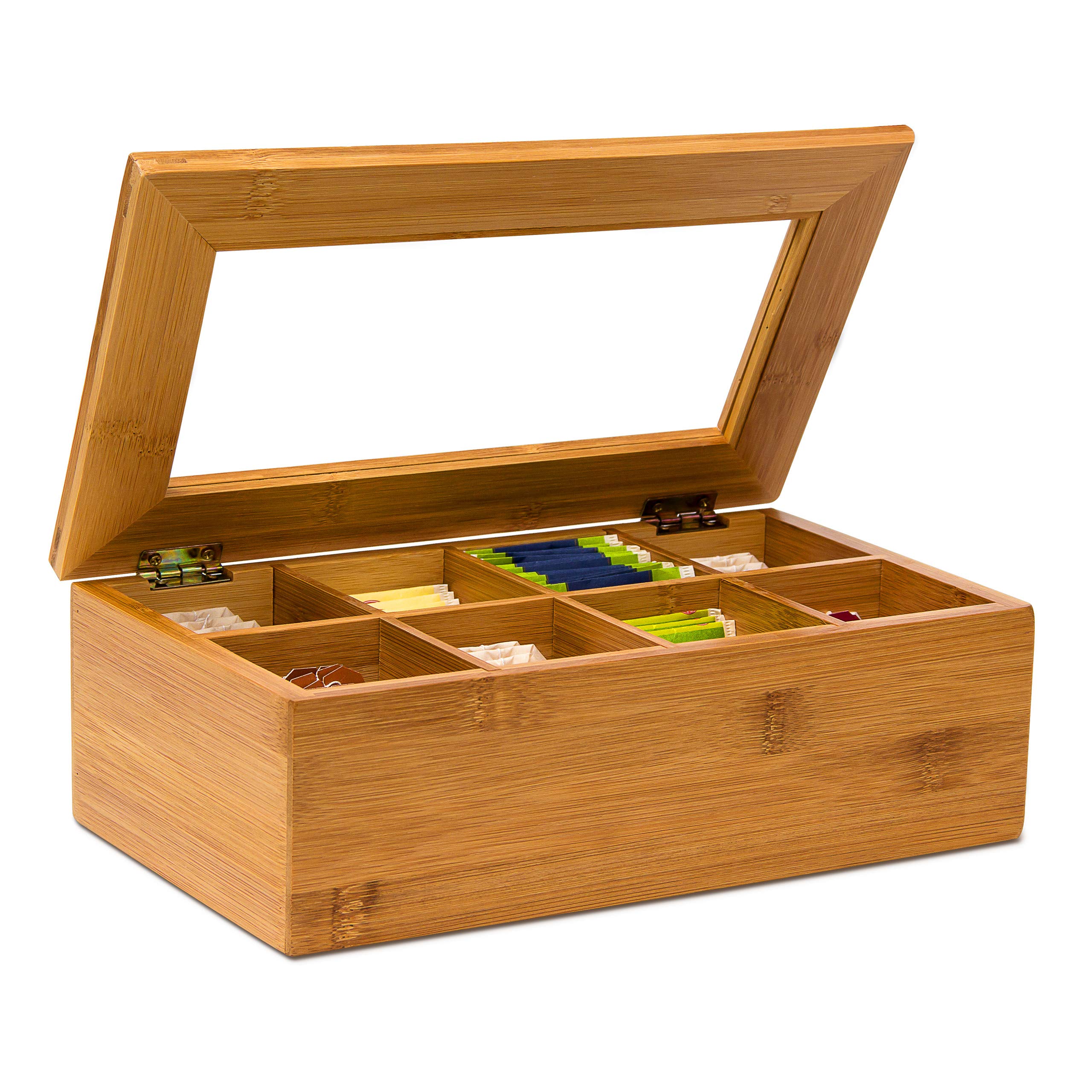 Relaxdays Bamboo Tea Box, 8 Compartments, Tea Bag Chest, Wooden With Closable Lid & Window, HWD: 9 x 28 x 16 cm, Brown
