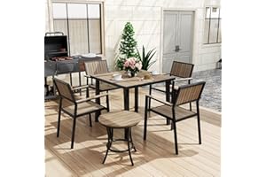 Pamapic 6-Piece Patio Dining Set，Outdoor Aluminum Furniture Set with Plastic-Wood Table Top,Outdoor Furniture Set with 4 Outdoor Stackable Chairs for Patio Garden Poolside (Walnut)