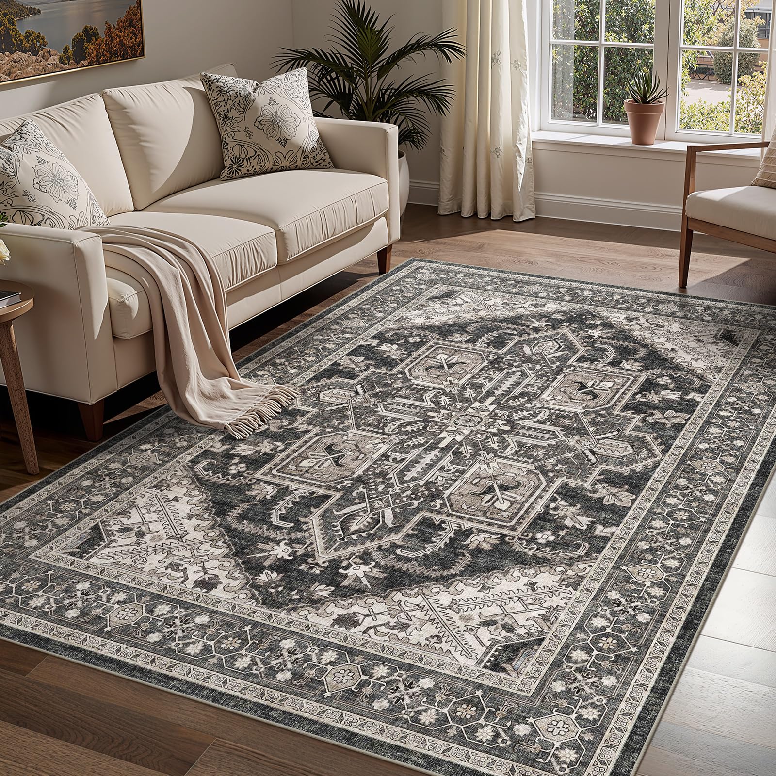 WITSHOCK Black Living Room Area Rugs 5x8: Washable Rug Boho Soft Low Pile Stain Resistant Foldable Carpet for Foyer Entryway, Bedroom Playroom Dining Room Office Kitchen Farmhouse Modern Rug Image