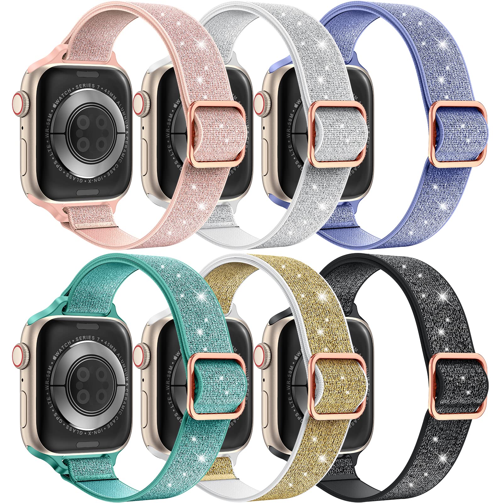 LETOID 6 Pack Stretchy Band Design for Apple Watch 38mm 40mm 41mm 42mm 44mm 45mm 46mm 49mm, Slim Women Nylon Elastic Wristbands Solo Loop Straps for iWatch Series 11 10 9 8 7 6 SE 5 4 3 2 1