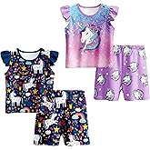 LQSZ Girls Pajamas Set Kids 4 Piece Summer Flutter Sleepwear Toddler Short Sleeves PJs Pajama for 3-10 Years