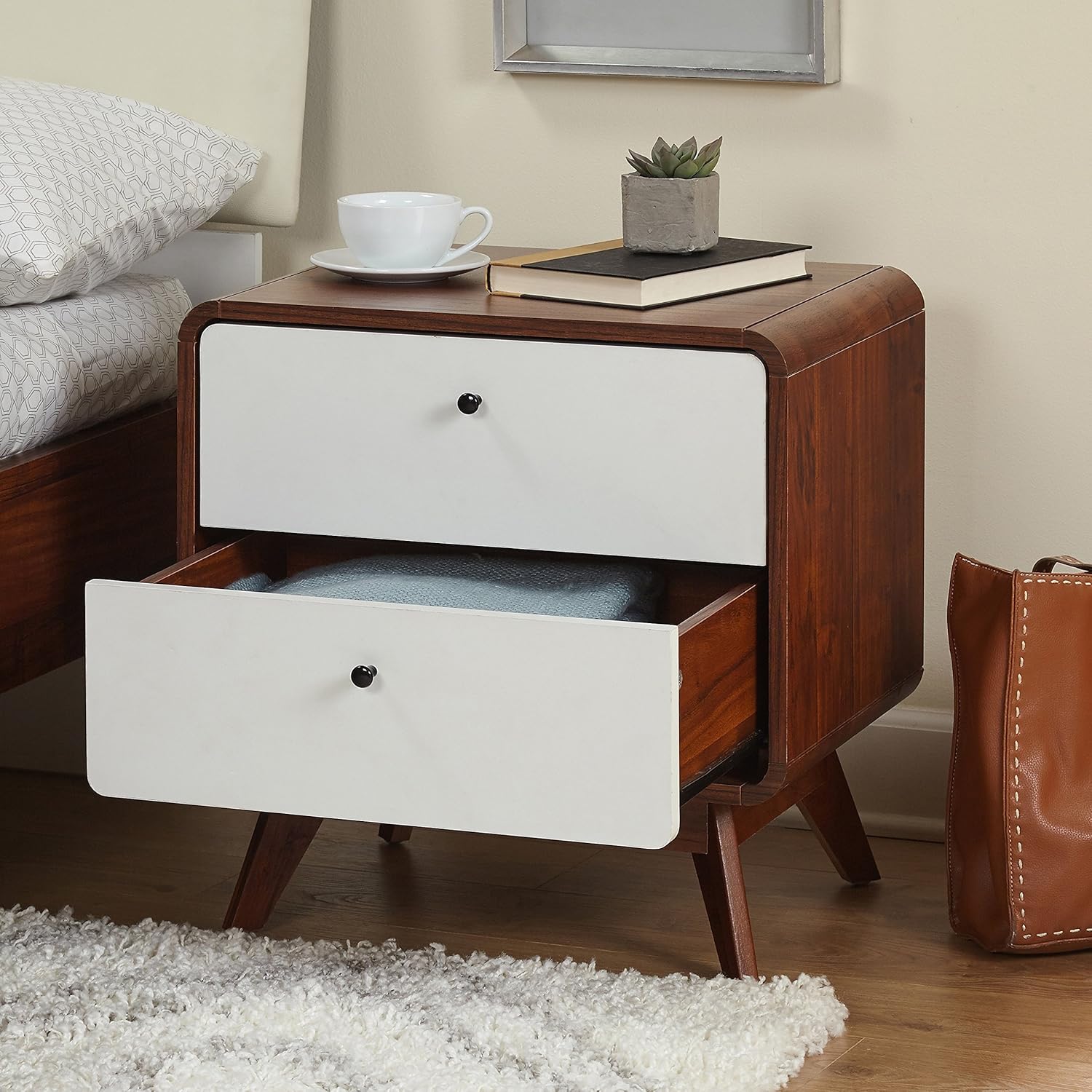 Amazon Com Modern Retro Wood Round Edge Nightstand With Two Drawers And Angled Legs Includes Modhaus Living Pen Kitchen Dining