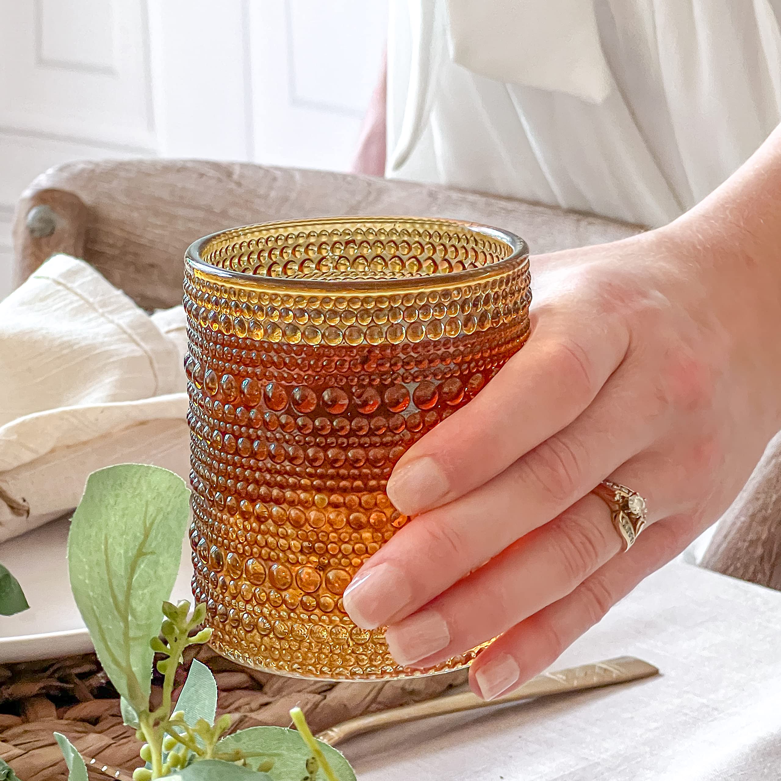 Kate Aspen Beaded Amber Drinking Glasses Set of 6-10 oz Vintage Glassware Set Jupiter Glasses, Cocktail Glass Set, Juice Glass, Water Cups Hostess Gift, Present, Gift for Newlyweds
