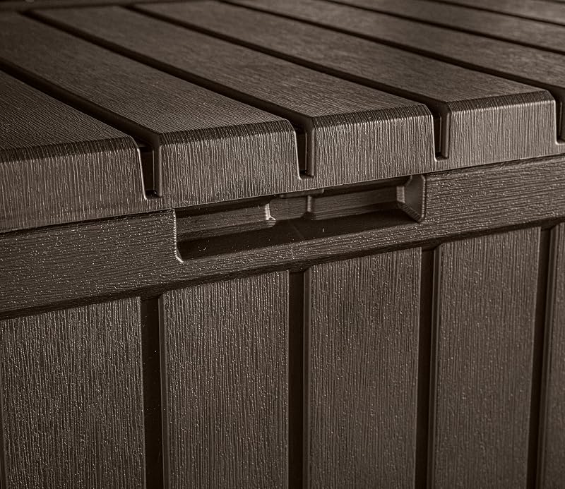 Gartentruhe KENTWOOD 350L Braun – Wetterfeste Gartenbox in Holzoptik mit Sitzfunktion – UV-beständige Aufbewahrungsbox, abschließbar, für Innen- & Außenbereich