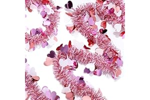 MUWOOB 33Ft Valentine's Day Tinsel Garland, Red Heart Tinsel Garland for Mantle, Pink Tinsel Garland for Valentines Tree Decor, Shiny Thin Tinsel Garland Valentines Stairs Railing/Ceiling Decorations