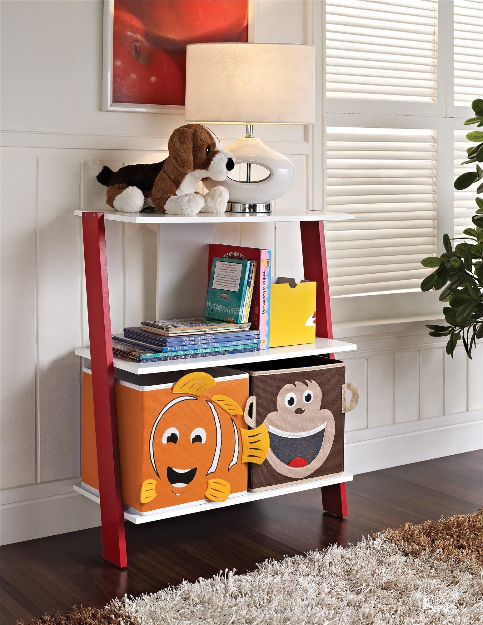 Cosco Luci Ladder Bookcase with 2 Bins, White/Red