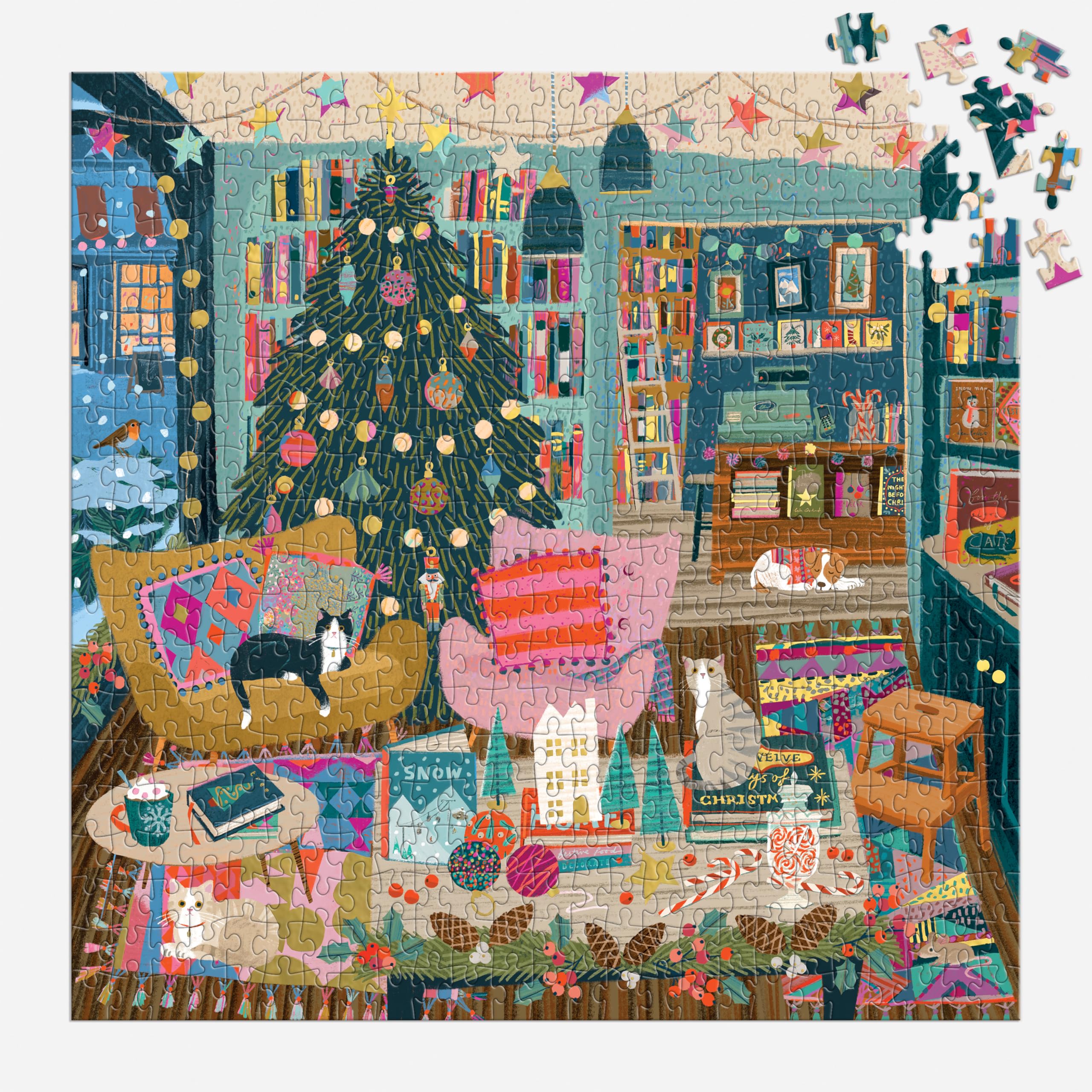 Galison Season's Reading – 500 Piece Foil Jigsaw Puzzle Featuring Beautiful Artwork of A Cozy Christmas Bookshop Scene with Gold Foil Accents