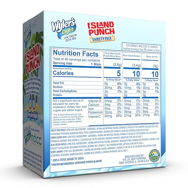 WYLER’S LIGHT ISLAND PUNCH SINGLES TO GO, VARIETY PACK, FRUITY RED PUNCH, PURPLE BERRY WAVE, BERRY JAMMER AND BLUE OCEAN BREEZE, 1 BOX (40 SINGLE SERVINGS)