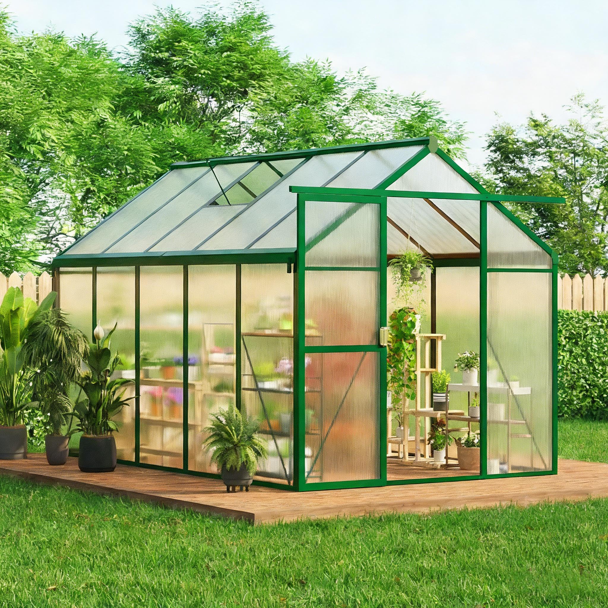 Photo 1 of 6x10 FT Greenhouse for Outdoors, Polycarbonate Greenhouse with Roof Vent, Ground Nails, Lockable Push Door, Aluminum Large Walk-in Green House for Outside Garden Backyard, Patio, Lawn, Green