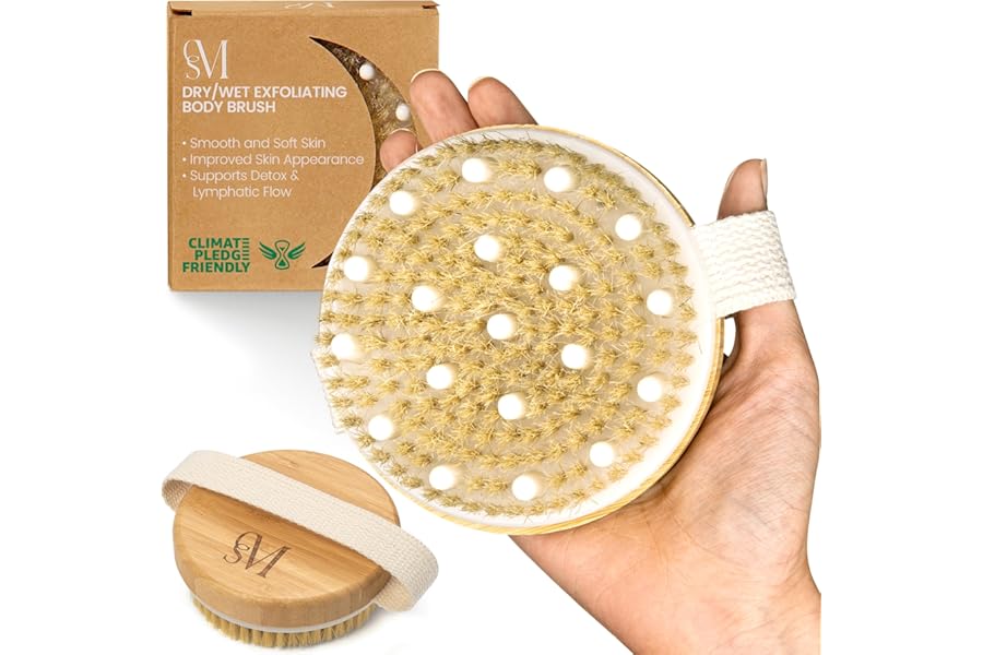 CSM Dry Brushing Body Brush for Lymphatic Drainage – Natural Boar Bristle Exfoliating Brush Set with Face Brush for Cellulite, Circulation & Glowing Skin