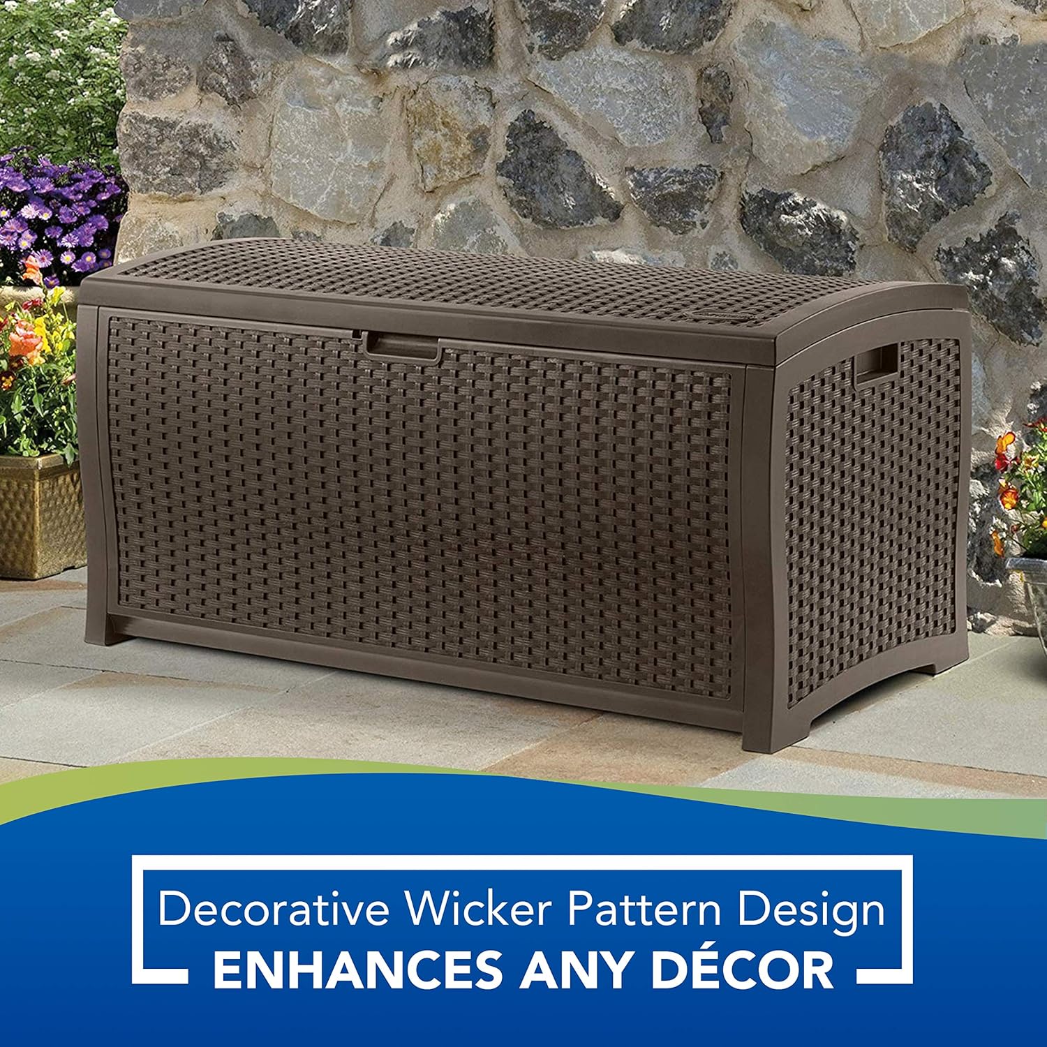 Suncast 99 Gallon Resin Wicker Patio Outdoor Storage Container for Toys, Furniture Deck box, Mocha : Garden Storage : Garden & Outdoor