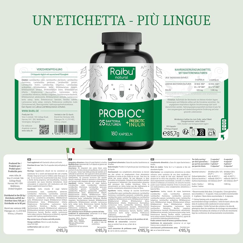 Probiotici Fermenti Lattici per Intestino - 180 Capsule, 25 Ceppi Batterici con Inulina, 60 Miliardi UFC - Resistenti ai Succhi Gastrici, Alta Dosaggio & Inclusi Lactobacillus e Bifidobatteri - Raibu