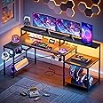 Bestier Gaming Computer Desk with Power Outlets, LED Lighting, Large L-Shaped Corner Desk with Storage Shelf, Headset Hooks, Black