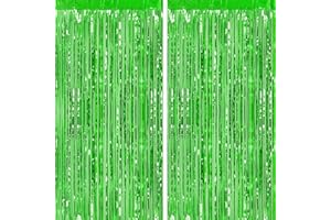CHRORINE 2pcs 3ft x 8.3ft Green Tinsel Foil Fringe Curtains Streamers Backdrop for Green Birthday Jungle Safari Tropical Party Christmas Decorations