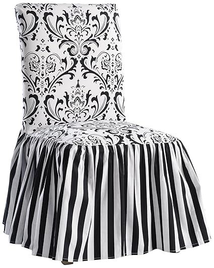 Classic Slipcovers Damask Stripe Ruffled Long Skirt Dining Chair Slipcover Black White