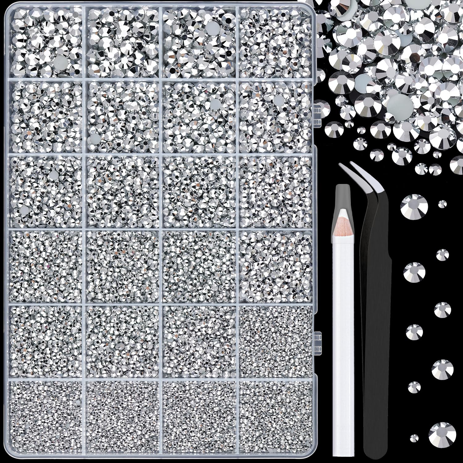Photo 1 of 25000Pcs Resin Rhinestones with Tweezers for Crafting, Silver 2-6mm Mixed Sizes Non Hotfix Flatback Gems, Bedazzling Crystal for DIY Craft Clothing Mugs Tumblers Shoes Fabric Decor Nail Art