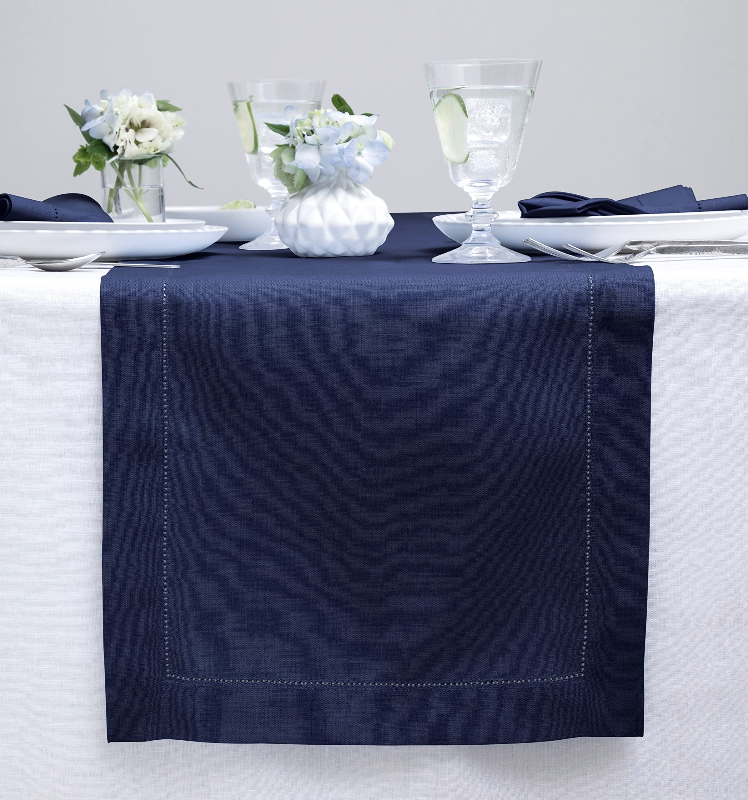 Photo 1 of Solino Home Linen Navy Table Runner 108 Inches Long - 100% Pure Linen Classic Hemstitch Dining Table Runner 14 x 108 Inch Ideal for Wedding, Parties, Spring, Mothers Day, Easter Decorations