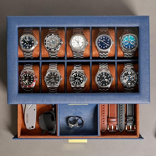 ROTHWELL 10-Slot Watch Box in Leather with Valet Drawer, Luxury