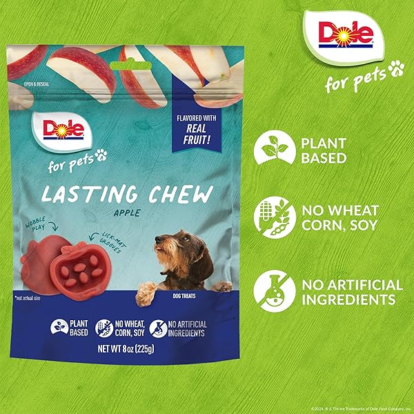 DOLE FOR PETS FRESHLY FETCHED LASTING CHEW, APPLE FLAVOR DOG TREATS, SMALL BREEDS, NO WHEAT, CORN, SOY, ARTIFICIAL FLAVORS, COLORS, OR ANIMAL PRODUCTS, 8 OUNCES, 10 CHEWS