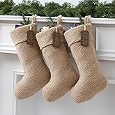 Shinymoon 3 Pcs 21 Inch Brown Plush Faux Fur Christmas Stockings Sherpa Large Furry Cream Personalized Rustic Neutral Luxury Fuzzy Stocking Xmas Fireplace Stockings with Wooden Tags Farmhouse Decor
