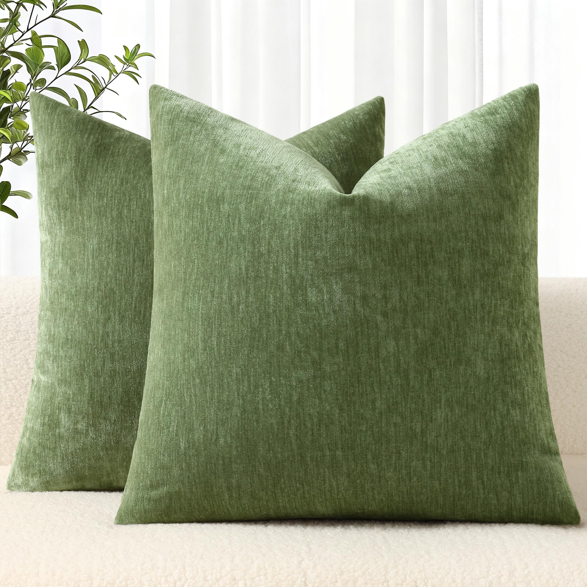 decorUhome Chenille Olive Green Spring Euro Sham Throw Pillow Covers 24x24 Inch Set of 2, Decorative Soft Couch Pillow Covers Solid Dyed Accent Farmhouse Neutral Square Pillow Cases for Sofa Image