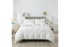 Softta Boho Full Size 3Pcs Duvet Cover Set Bohemian White Waffle Tassel and Ruffle Girls Bedding 100% Washed Cotton with Hidden Zipper Close & Corner Ties