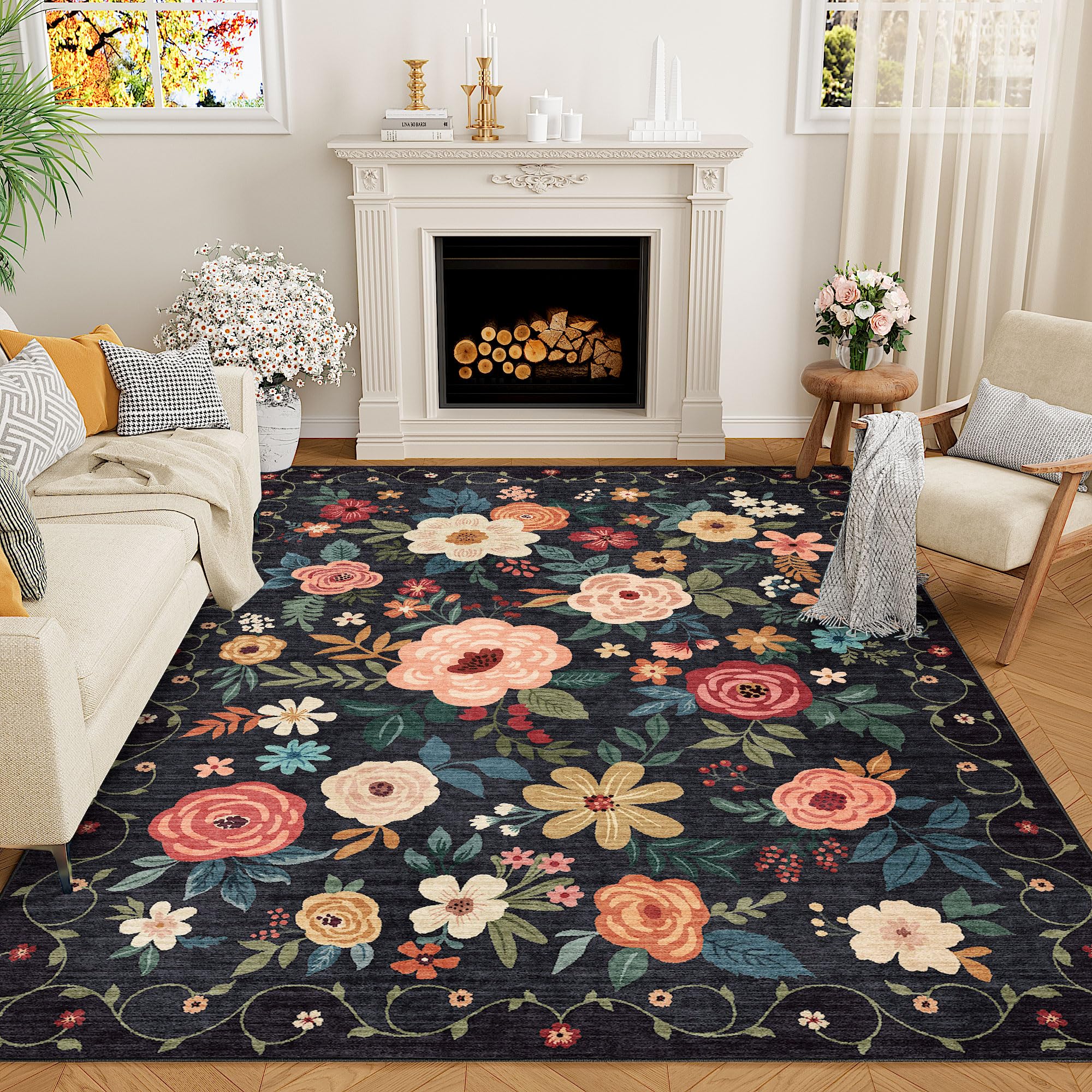 DUKINO 5x7 Area Rug, Floral Design, Lightweight Non Slip Washable, Indoor Low Pile & Non-Shedding Boho Rug for Bedroom, Living Room, Dining Room, Black Image